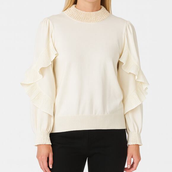 Mally Roncal Ivory Sweater Pearl Mock Neck Ruffle Sleeve XXS - Picture 1 of 12